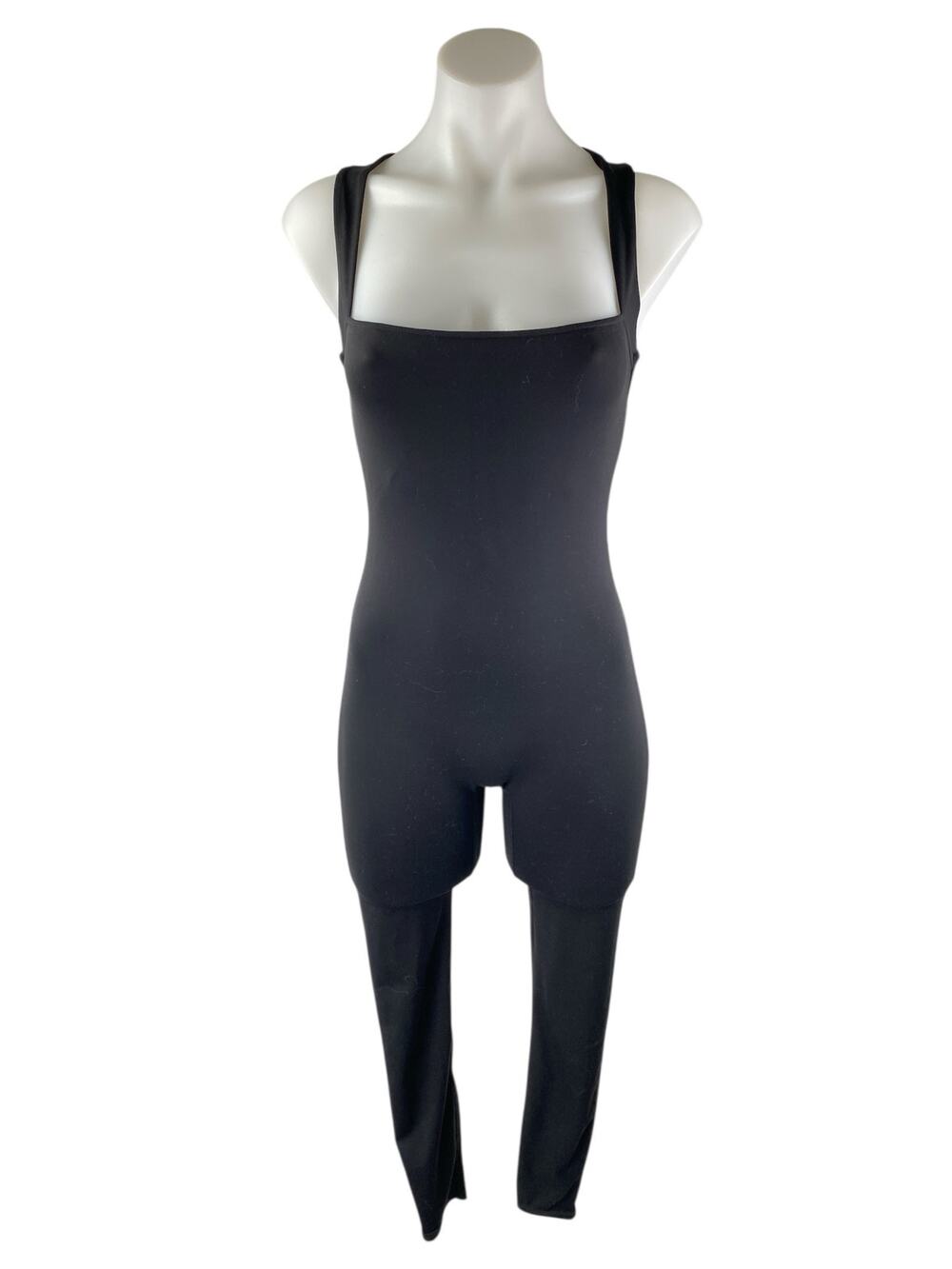 Qinsen Women's Black Sleeveless Square Neck Skinny Activewear Yoga Jumpsuit Sz S